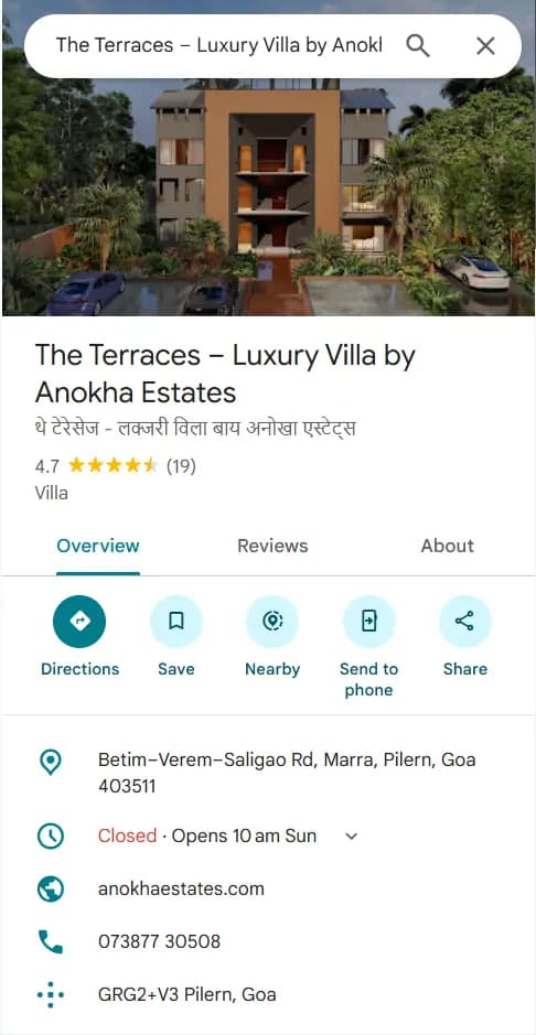 Anokha Estates Google Business Profile listing