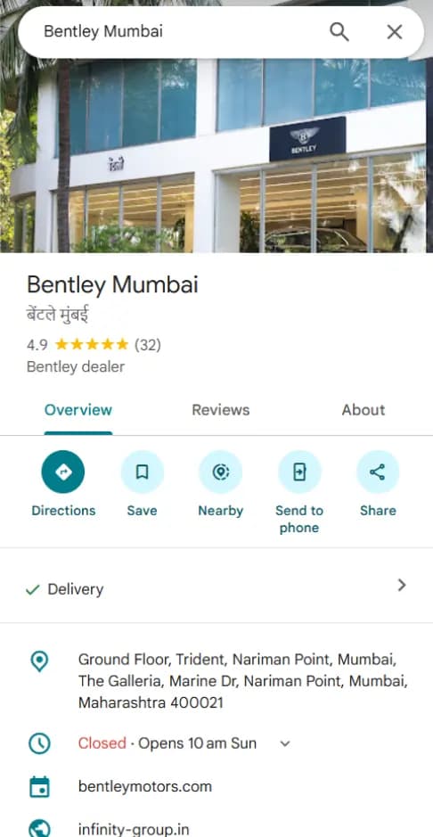 Bentley Mumbai Google Business Profile listing