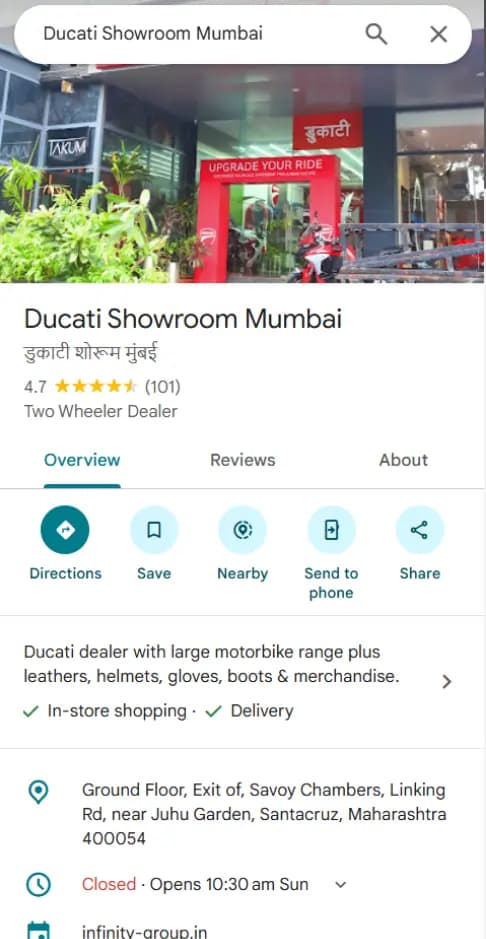 Ducati Google Business Profile listing