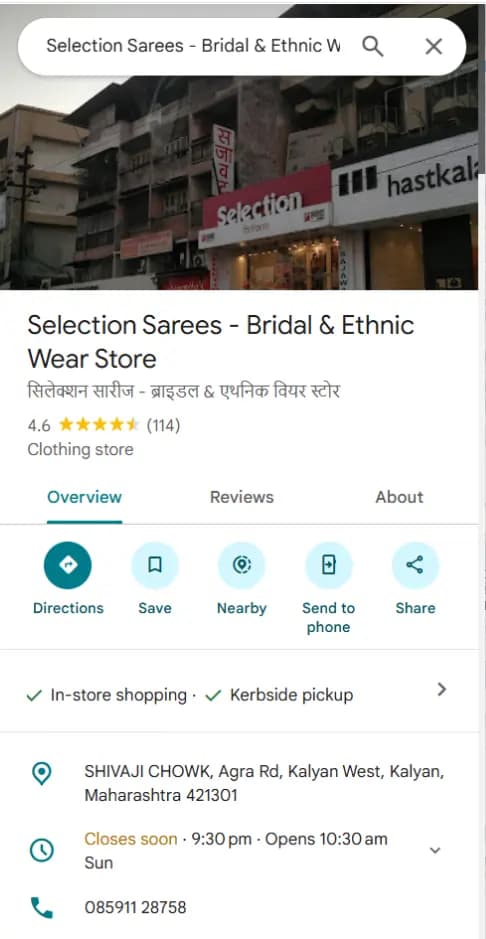 Selection Sarees Google Business Profile listing