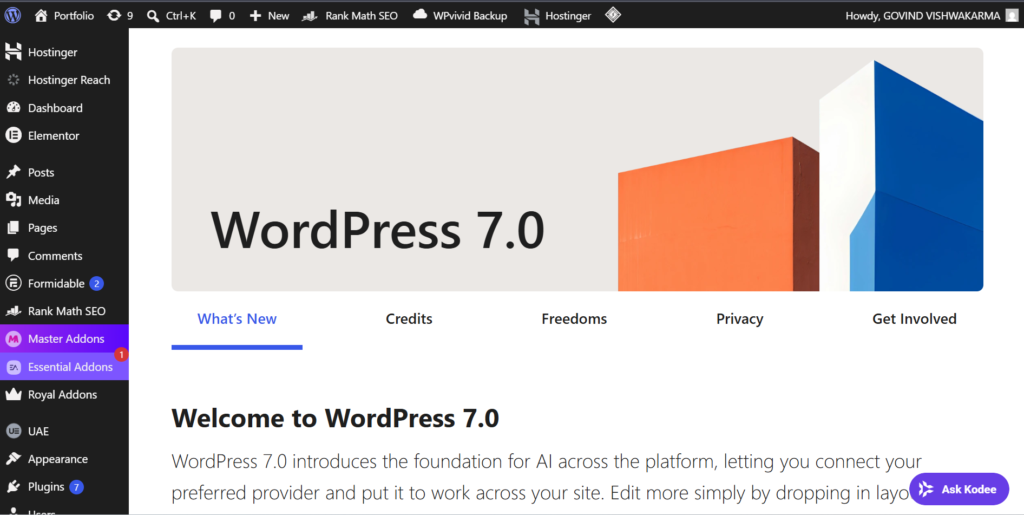 Wordpress 7.0 Dashboard